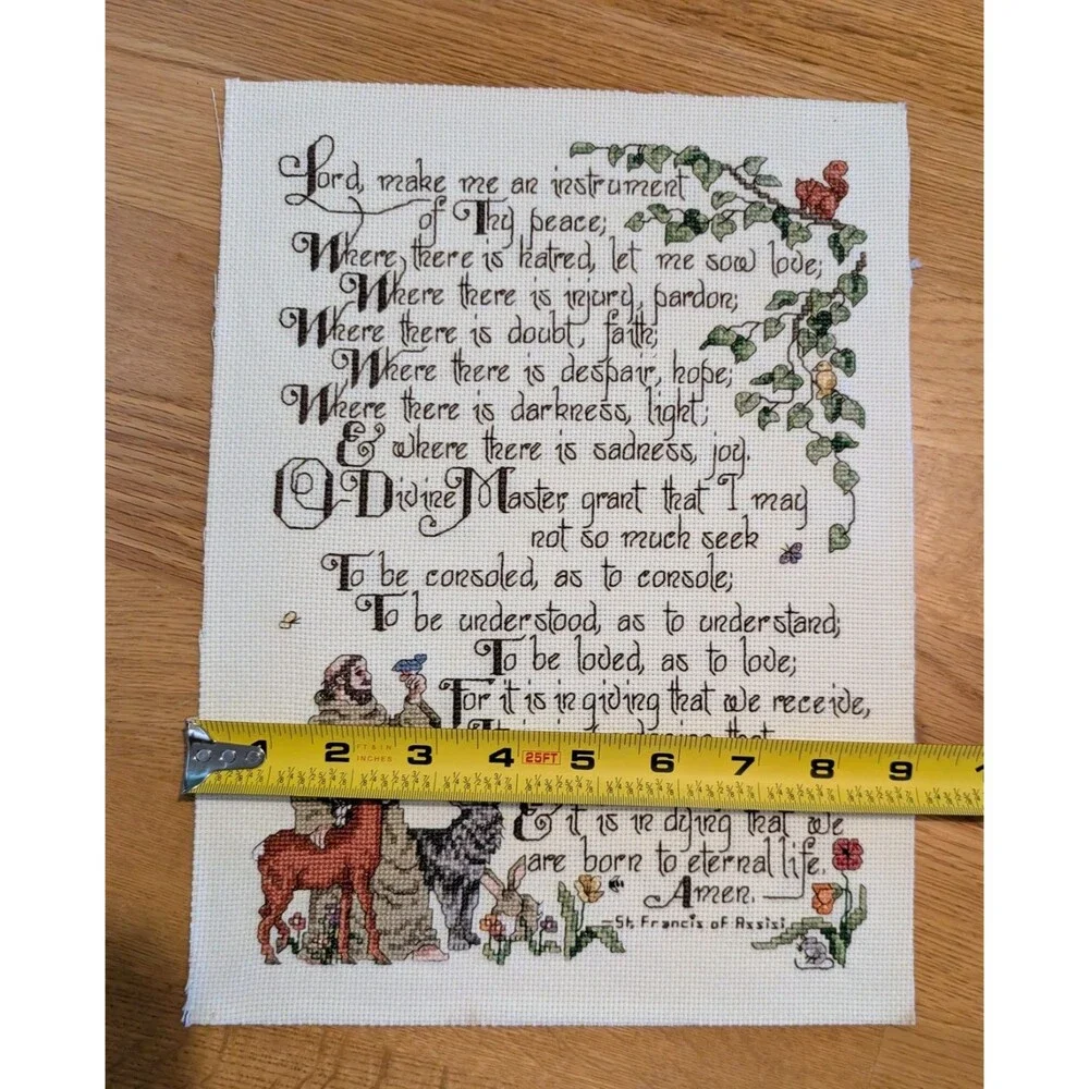 Vtg Prayer of Saint Francis Handmade CrossStitch Sampler Unframed Cardboard Back